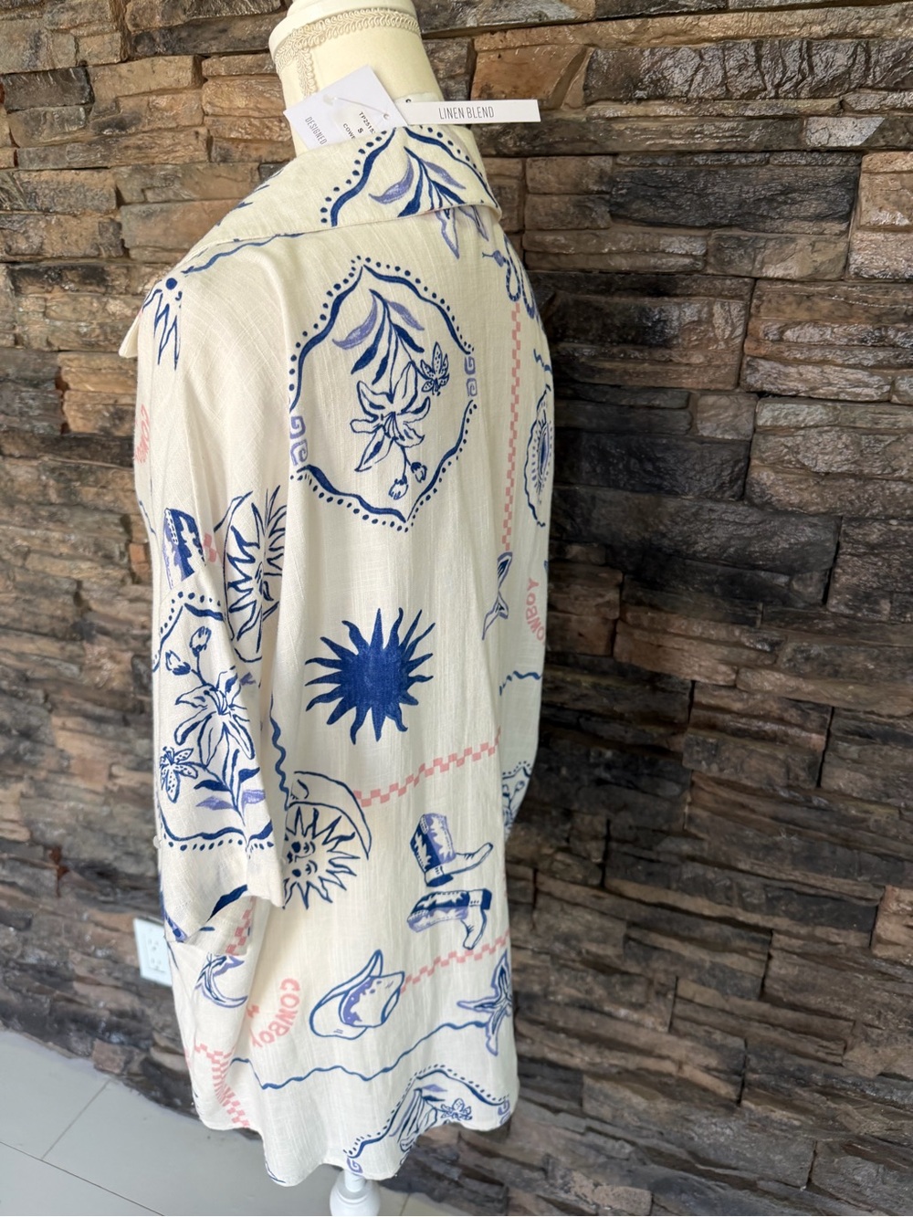 Women's White Short Sleeve Button-Up Top with Blue & Pink Print - Picture 2 of 13